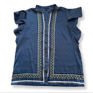 Ann Taylor Ruffle Sleeve Geometric Navy Top Size M